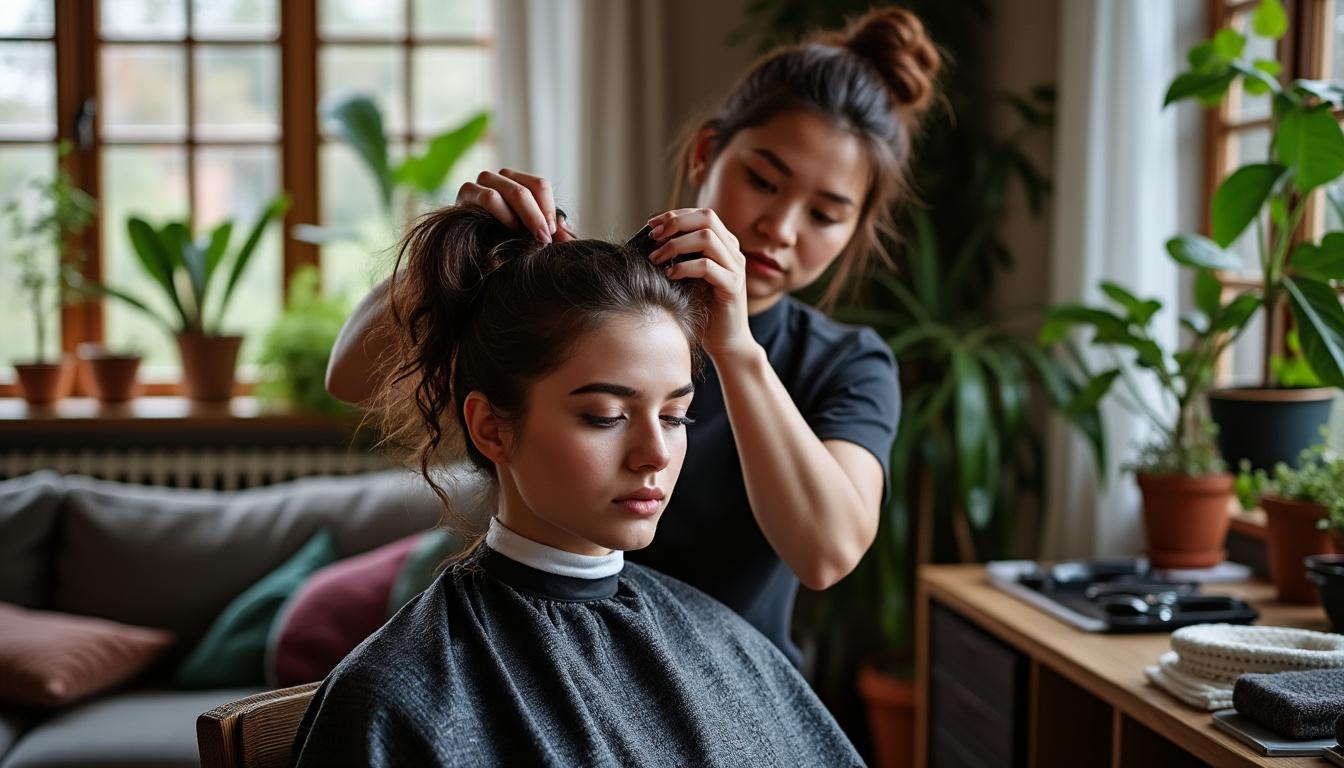 service de coiffeur à domicile professionnel pour coiffures personnalisées, coupe, couleur et soins, directement chez vous pour plus de confort et de praticité.